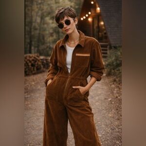 Stoic Brown Corduroy Coveralls Wide Leg Jumpsuit M Utility Workwear Relaxed Fit